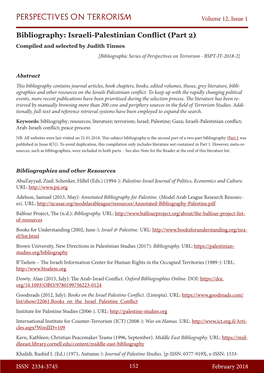 Bibliography: Israeli-Palestinian Conflict (Part 2) Compiled and Selected by Judith Tinnes [Bibliographic Series of Perspectives on Terrorism - BSPT-JT-2018-2]