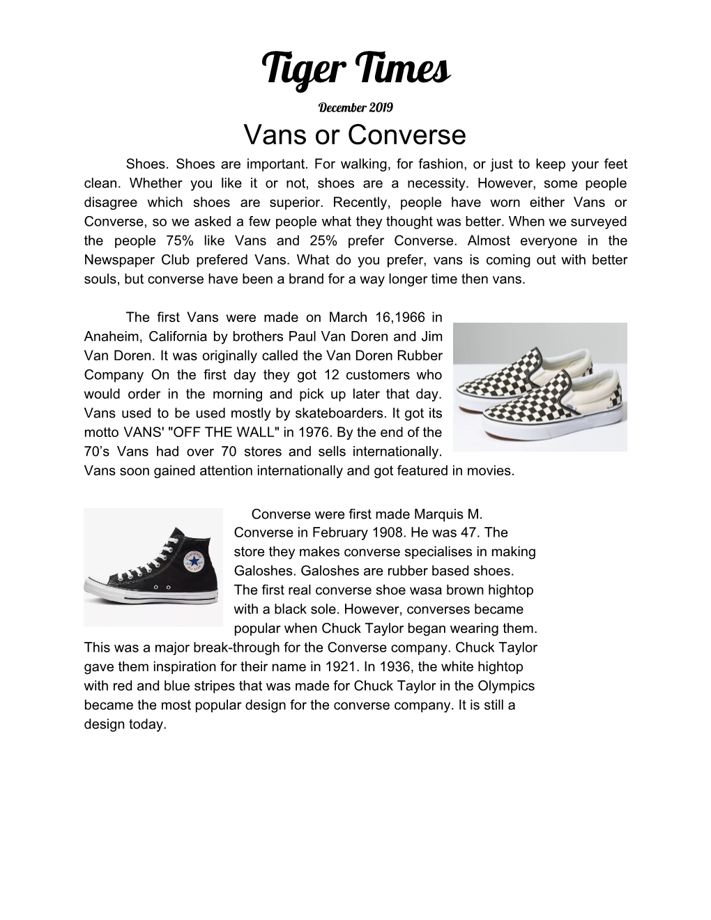 Tiger Times December 2019 Vans Or Converse Shoes