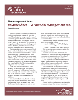 Balance Sheet — a Financial Management Tool Danny Klinefelter*