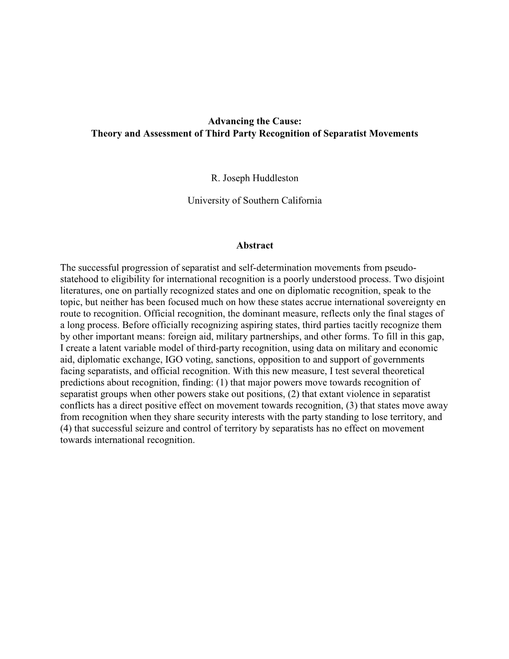 Advancing the Cause: Theory and Assessment of Third Party Recognition of Separatist Movements