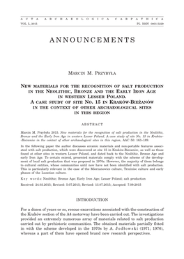 New Materials for the Recognition of Salt Production in the Neolithic, Bronze and the Early Iron Age in Western Lesser Poland. a Case Study of Site No