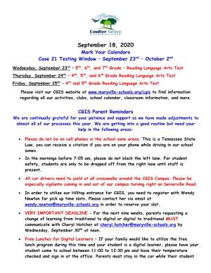 September 18, 2020 Mark Your Calendars Case 21 Testing Window – September 23Rd – October 2Nd