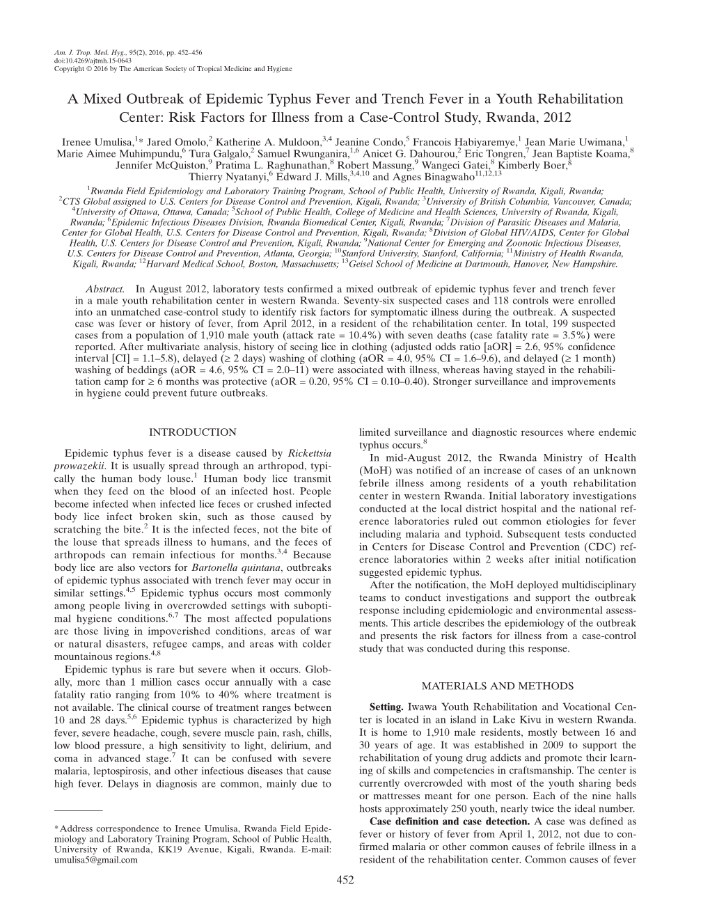 A Mixed Outbreak of Epidemic Typhus Fever and Trench Fever in a Youth Rehabilitation Center: Risk Factors for Illness from a Case-Control Study, Rwanda, 2012