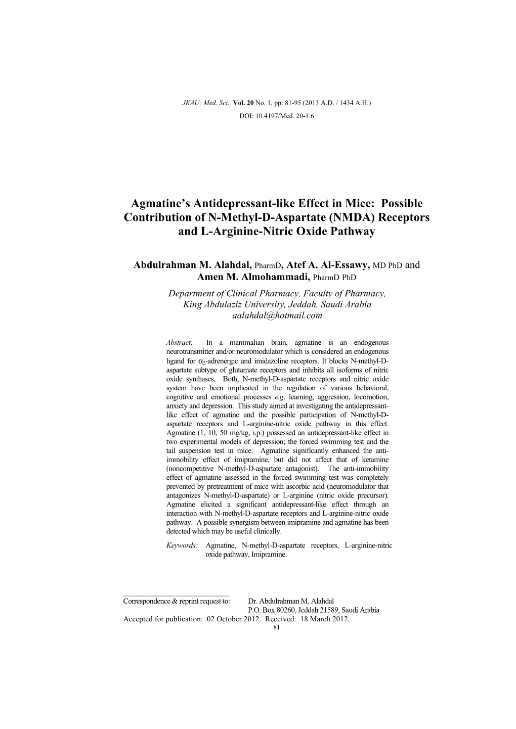 (NMDA) Receptors and L-Arginine-Nitric Oxide Pathway