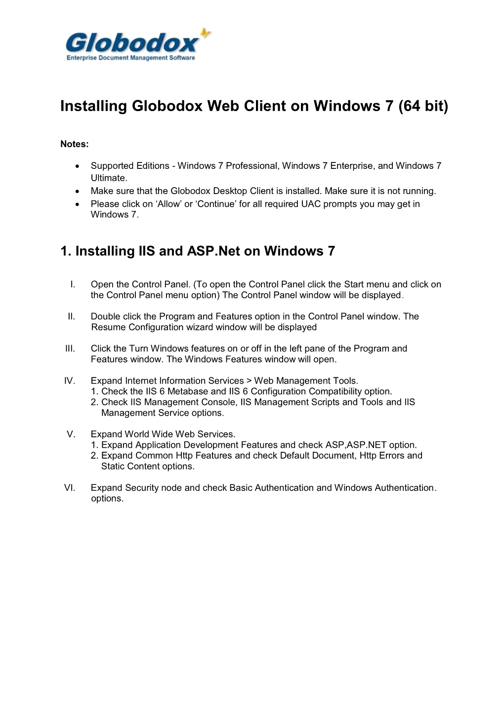 Installing Globodox Web Client on Windows 7 (64 Bit)