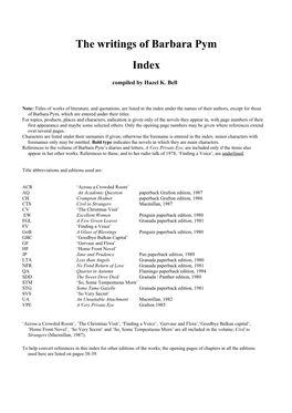The Writings of Barbara Pym Index