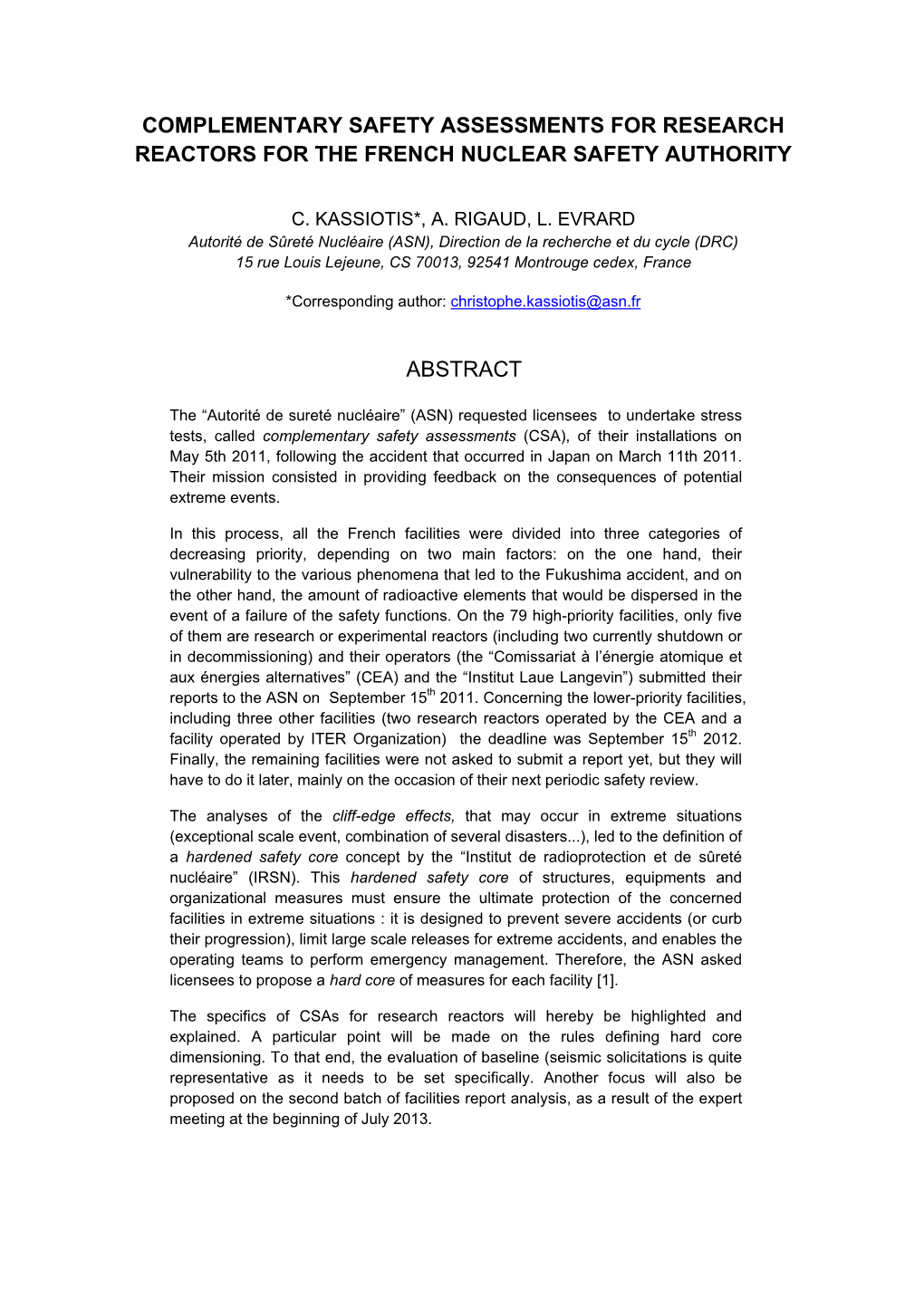 Complementary Safety Assessments for Research Reactors for the French Nuclear Safety Authority