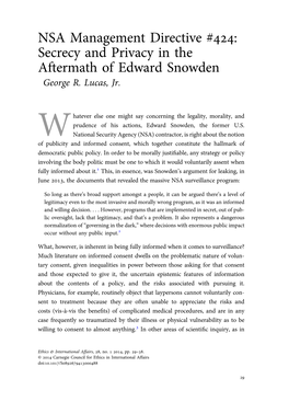 NSA Management Directive #: Secrecy and Privacy in the Aftermath of Edward Snowden George R