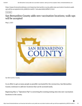 San Bernardino County Adds New Vaccination Locations; Walk-Ups Will Be Accepted | News | Fontanaheraldnews.Com