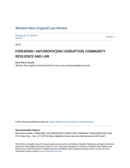 Foreword—Anthropocenic Disruption, Community Resilience and Law