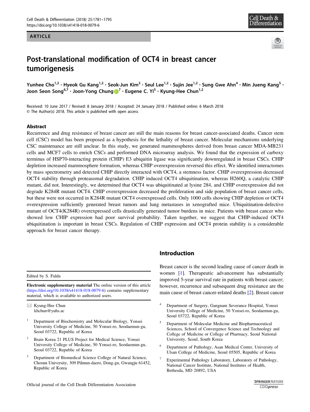 Post-Translational Modification of OCT4 in Breast Cancer Tumorigenesis