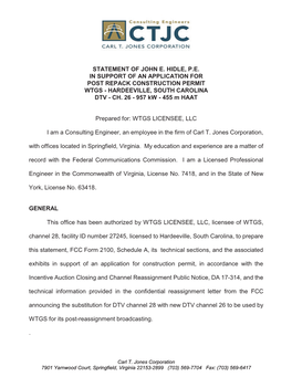 Statement of John E. Hidle, P.E. in Support of an Application for Post Repack Construction Permit Wtgs - Hardeeville, South Carolina Dtv - Ch