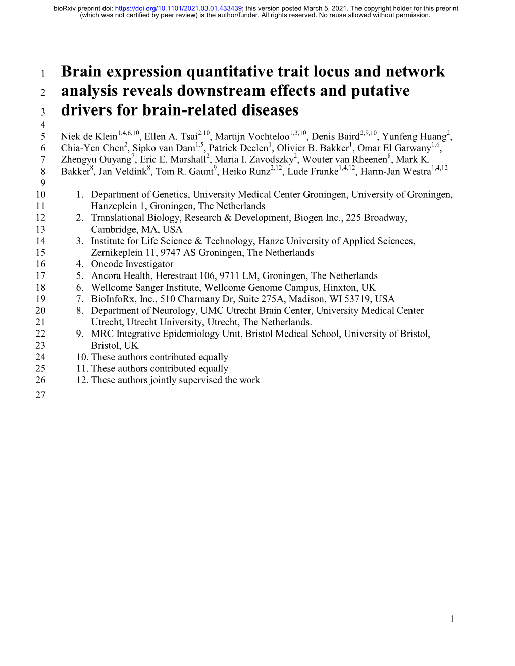 Brain Expression Quantitative Trait Locus and Network Analysis Reveals