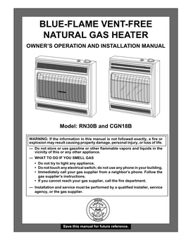 Blue-Flame Vent-Free Natural Gas Heater Owner’S Operation and Installation Manual