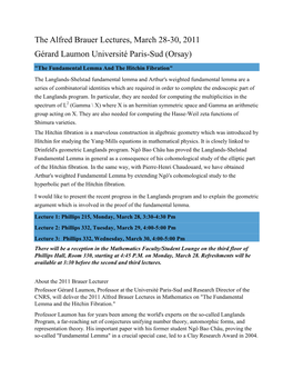 The Alfred Brauer Lectures, March 28-30, 2011 Gérard Laumon Université Paris-Sud (Orsay)