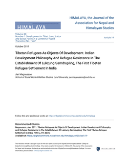 Tibetan Refugees As Objects of Development. Indian Development Philosophy and Refugee Resistance in the Establishment of Lukzung