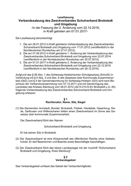 Verbandssatzung Des Zweckverbandes Schulverband Brokstedt Und Umgebung -In Der Fassung Der 2
