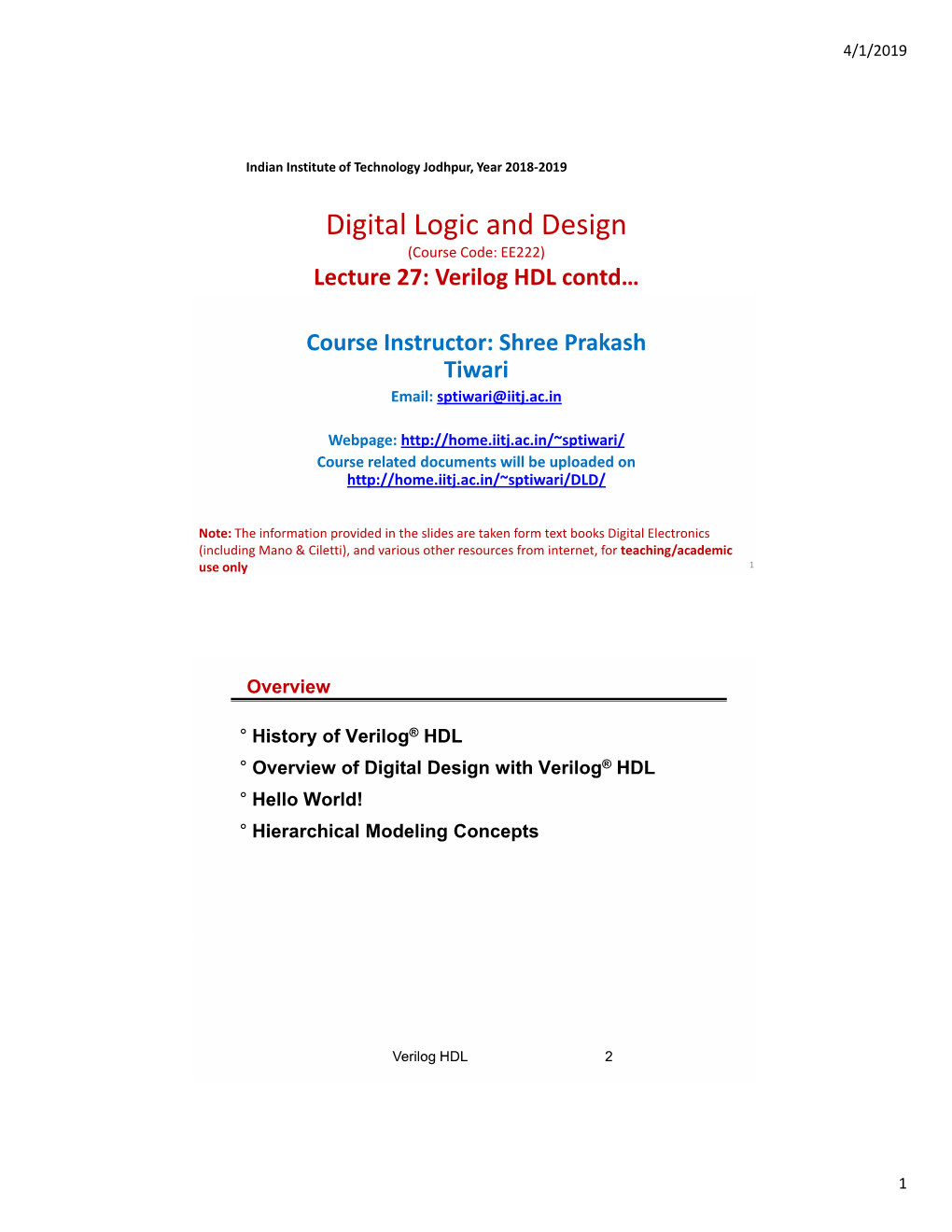 Lecture 27: Verilog HDL Contd…