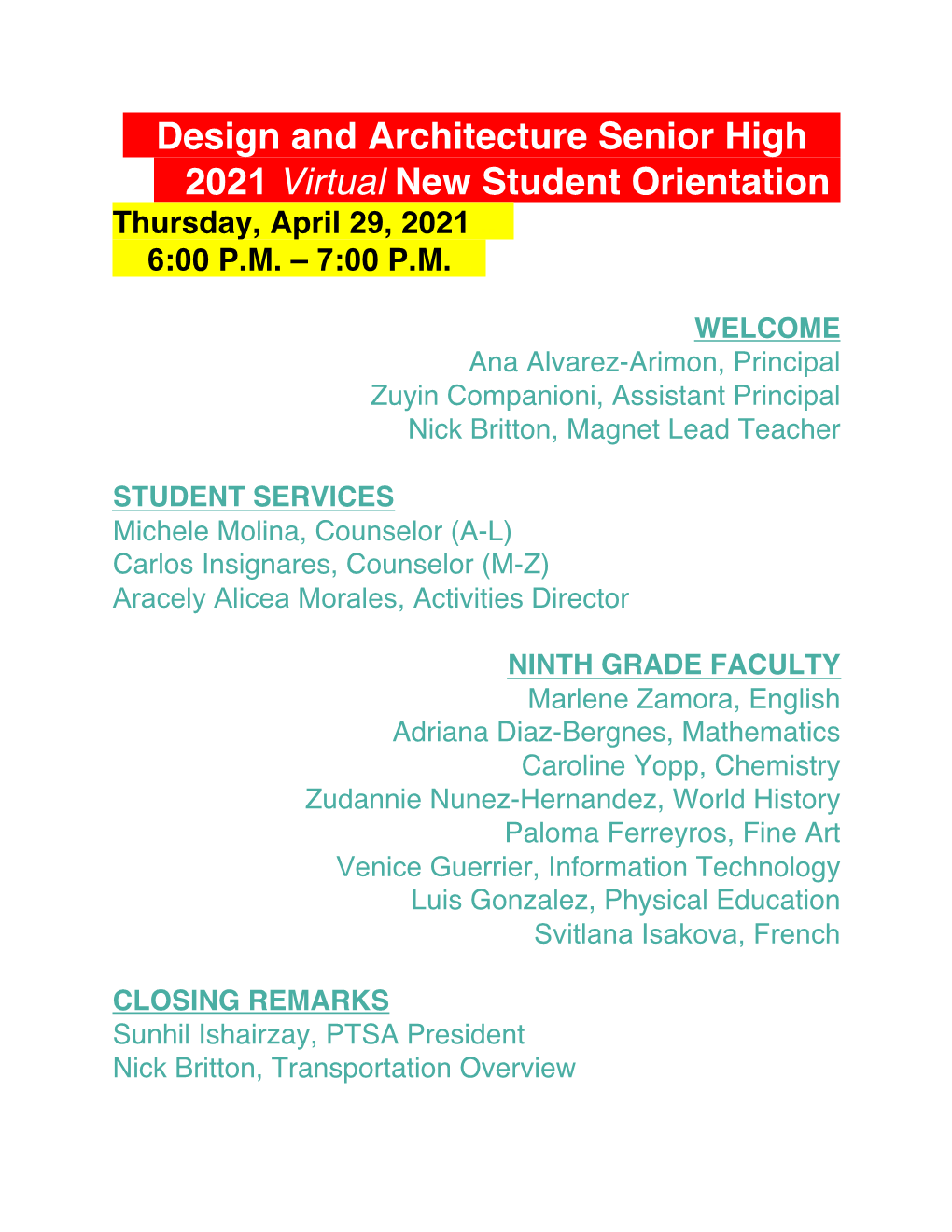 H Design and Architecture Senior High H 2021 Virtual New Student Orientation