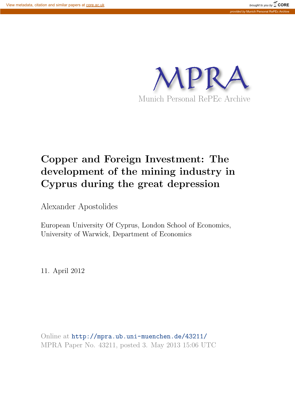 Copper and Foreign Investment: the Development of the Mining Industry in Cyprus During the Great Depression