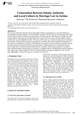 Contestation Between Islamic Authority and Local Culture in Marriage Law in Jordan Jayusman1* Oki Dermawan1 Mahmudin Bunyamin2 Sudarman2