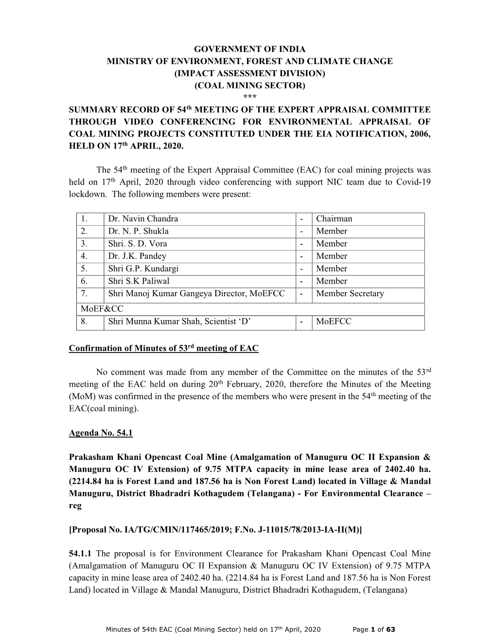 (Impact Assessment Division) (Coal Mining Sector) ***