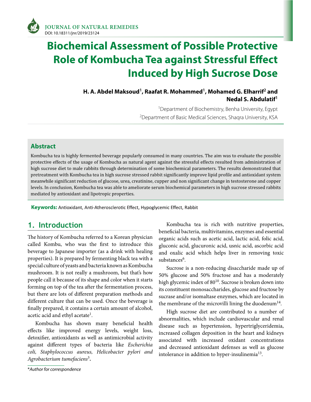 Biochemical Assessment of Possible Protective Role of Kombucha Tea Against Stressful Effect Induced by High Sucrose Dose