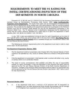 Requirements to Meet the 9S Rating for Initial Certification/Re-Inspection of Fire Departments in North Carolina