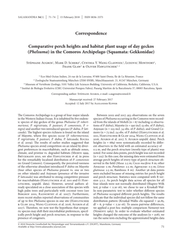Comparative Perch Heights and Habitat Plant Usage of Day Geckos (Phelsuma) in the Comoros Archipelago (Squamata: Gekkonidae)