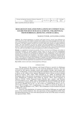 Research on Isolated Populations of Common Wall Lizard Podarcis Muralis (Laurenti, 1768) (Reptilia) from Dobrogea (Romania and Bulgaria)
