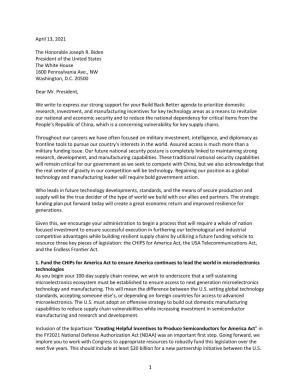 National Security Leaders Letter to President Biden in Support of Funding CHIPS