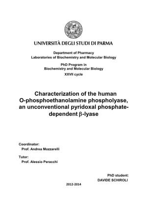 Characterization of the Human O-Phosphoethanolamine Phospholyase, an Unconventional Pyridoxal Phosphate- Dependent -Lyase