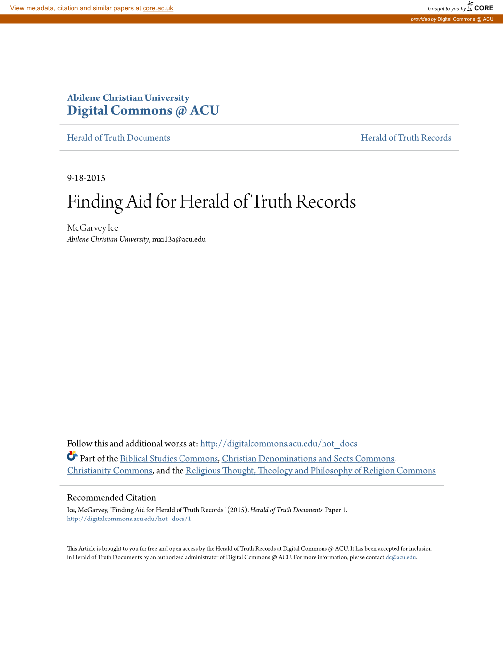 Finding Aid for Herald of Truth Records Mcgarvey Ice Abilene Christian University, Mxi13a@Acu.Edu