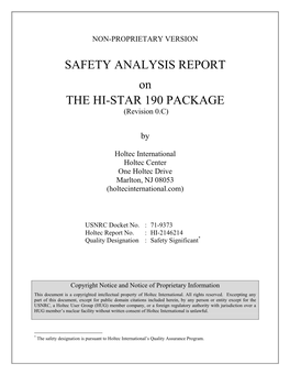 Safety Analysis Report on HI-STAR 190 Package. (Revision 0.C)