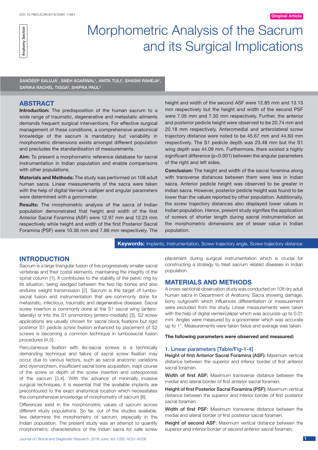 Morphometric Analysis of the Sacrum and Its Surgical Implications Anatomy Section