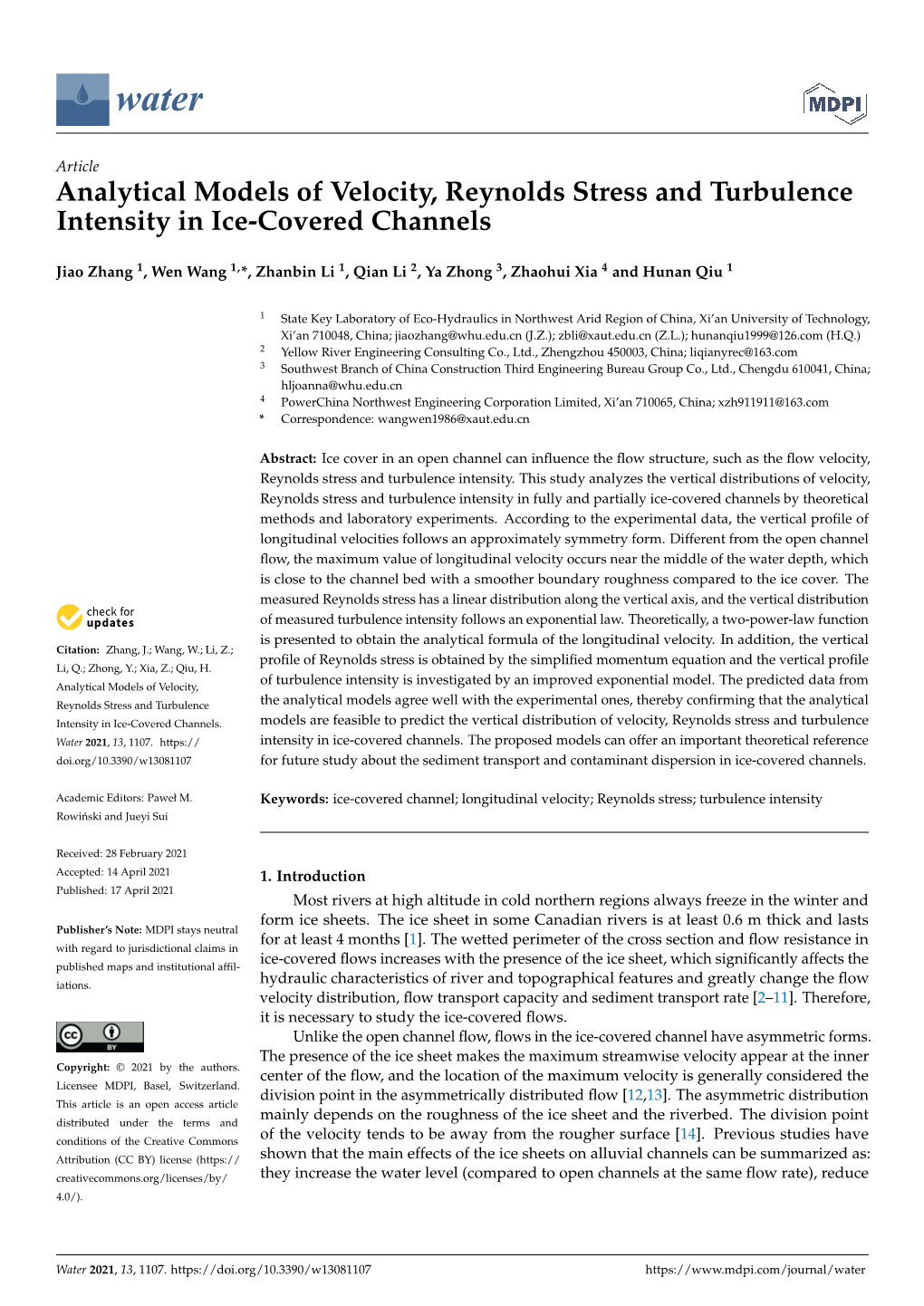 Analytical Models of Velocity, Reynolds Stress and Turbulence Intensity in Ice-Covered Channels