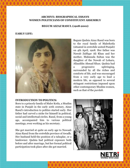 Archive: Biographical Essays Women Politicians of Constituent Assembly