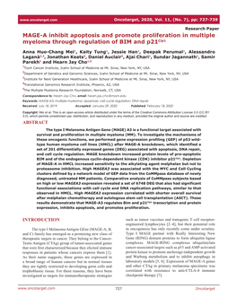 MAGE-A Inhibit Apoptosis and Promote Proliferation in Multiple Myeloma Through Regulation of BIM and P21cip1