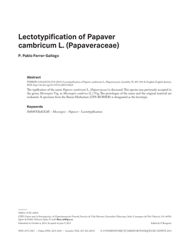 Lectotypification of Papaver Cambricum L. (Papaveraceae)