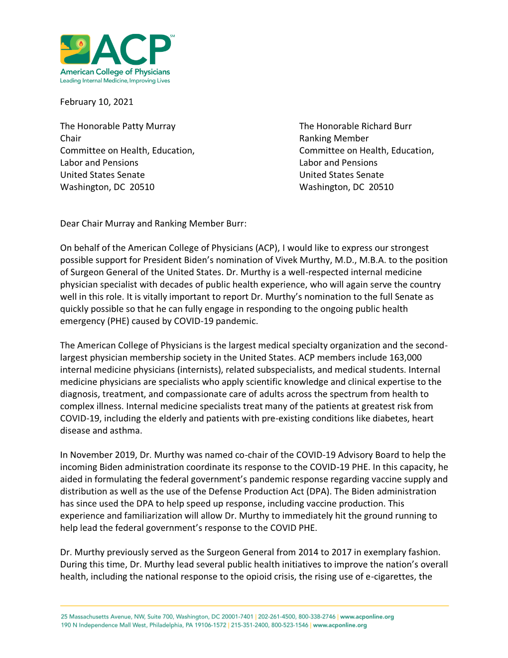 ACP Letter of Support for the Nomination of Vivek Murthy, MD