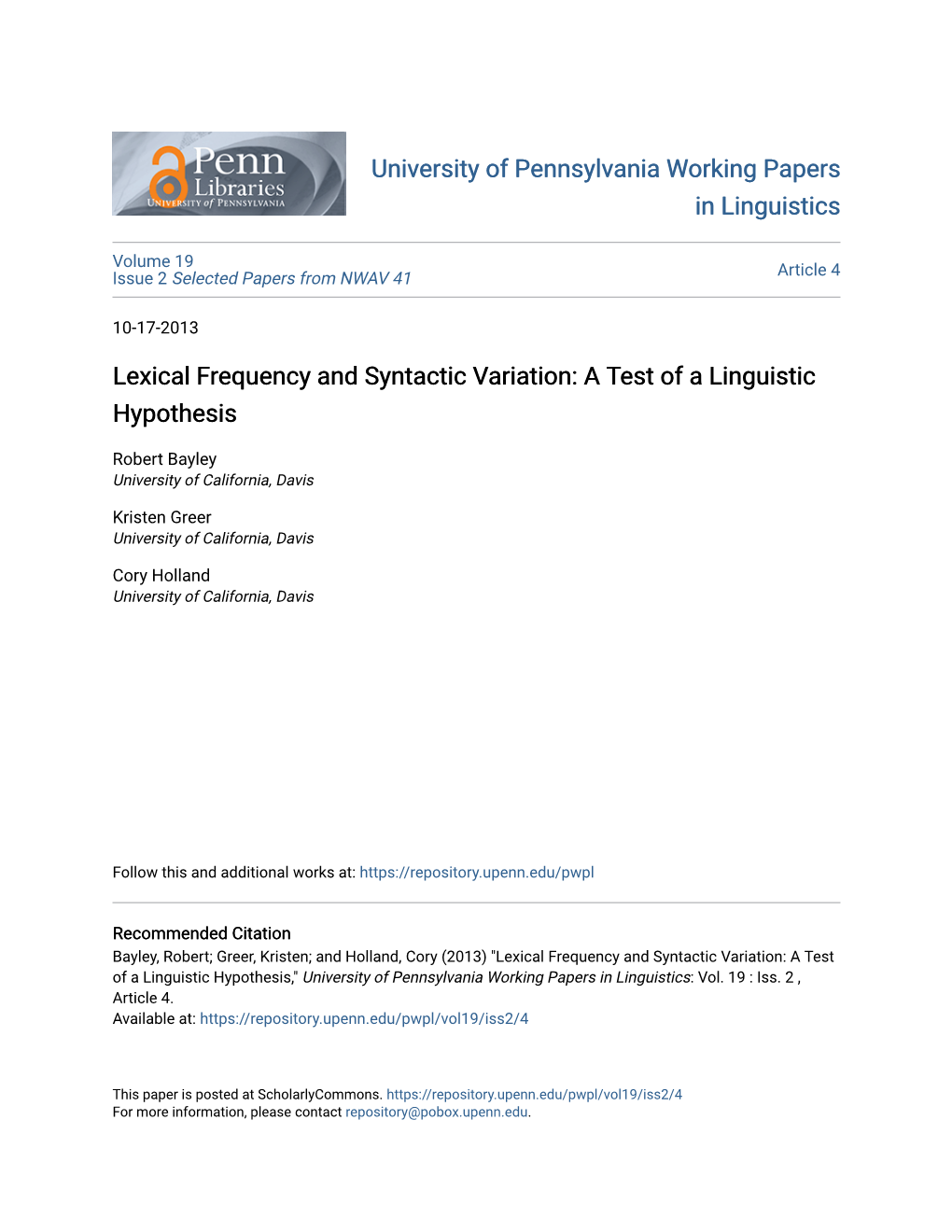 Lexical Frequency and Syntactic Variation: a Test of a Linguistic Hypothesis