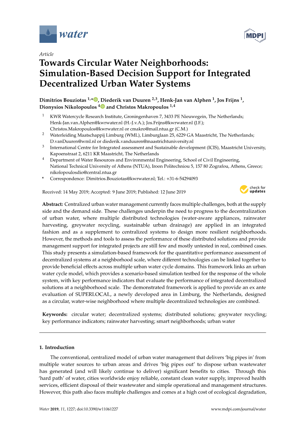 Towards Circular Water Neighborhoods: Simulation-Based Decision Support for Integrated Decentralized Urban Water Systems