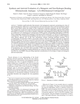 Synthesis and Antiviral Evaluation of a Mutagenic and Non-Hydrogen Bonding Ribonucleoside Analogue: 1-Â-D-Ribofuranosyl-3-Nitropyrrole† Daniel A