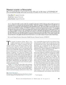 Human Security As Biosecurity Reconceptualizing National Security Threats in the Time of COVID-19