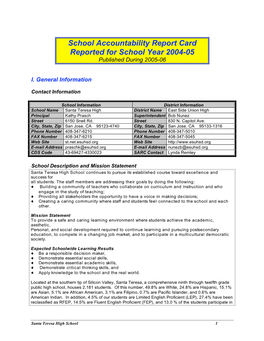 School Accountability Report Card Reported for School Year 2004-05 Published During 2005-06