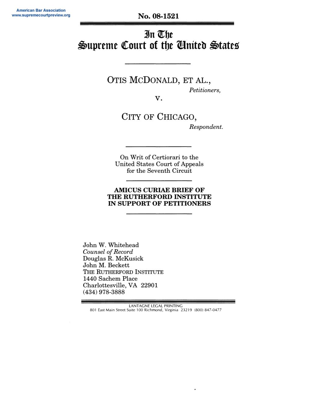 Brief of Petitioner for Mcdonald V. City Of