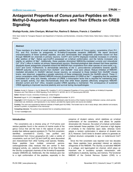 Antagonist Properties of Conus Parius Peptides on N- Methyl-D-Aspartate Receptors and Their Effects on CREB Signaling