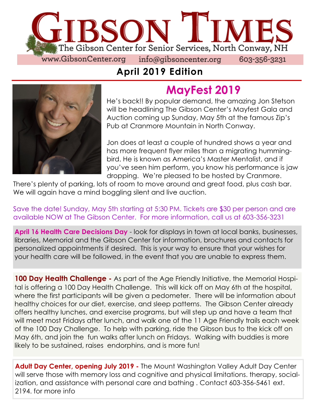 Gibson Center April 2019 Newsletter