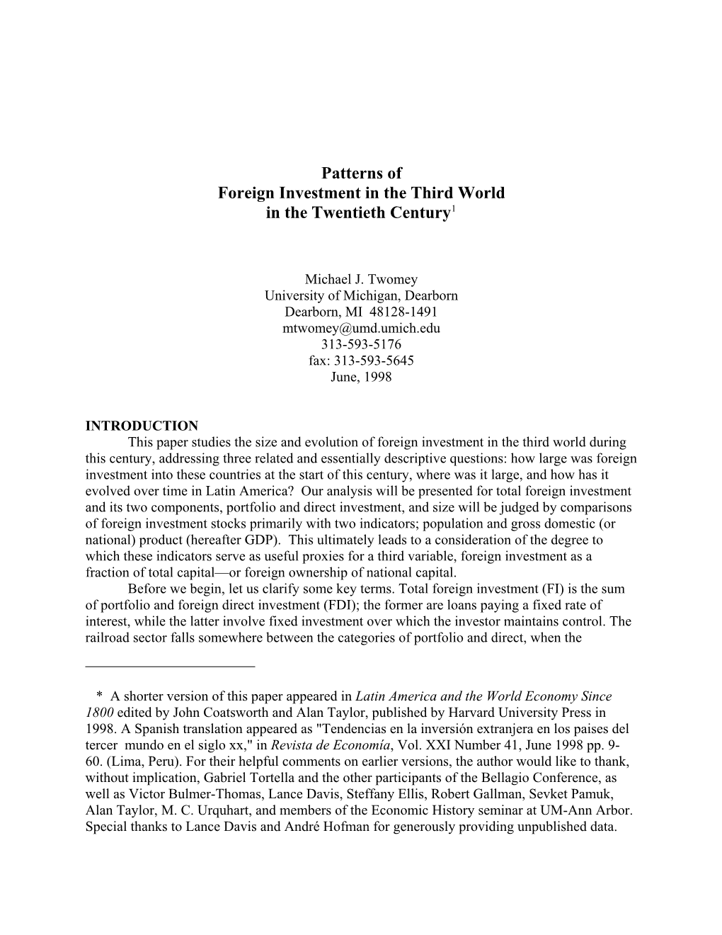 Patterns of Foreign Investment in the Third World in the Twentieth Century1