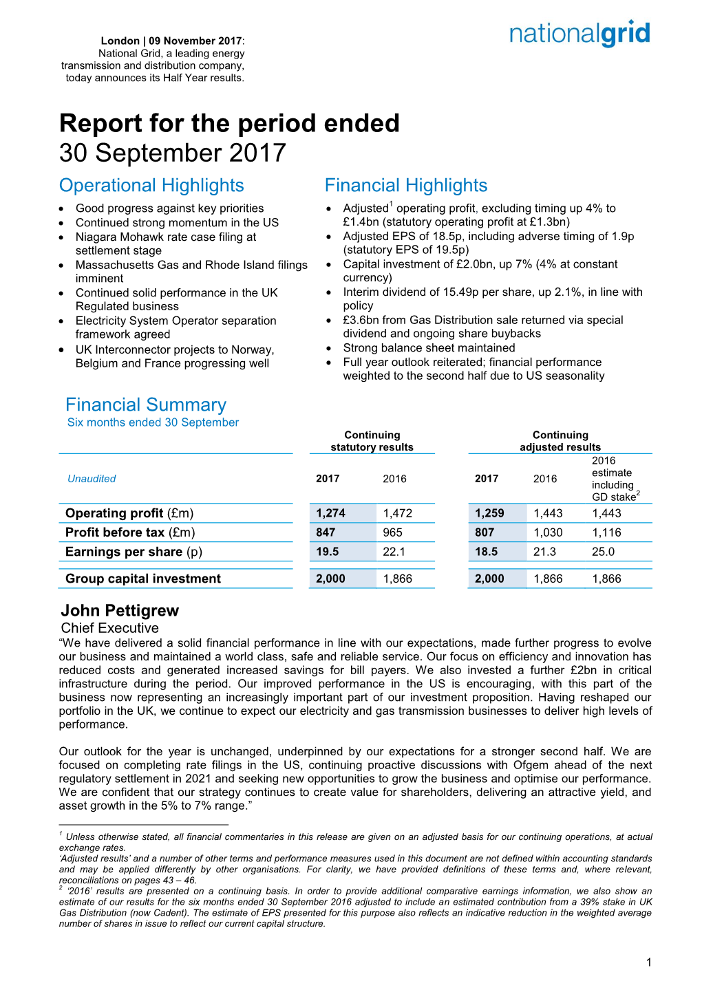 Report for the Period Ended 30 September 2017